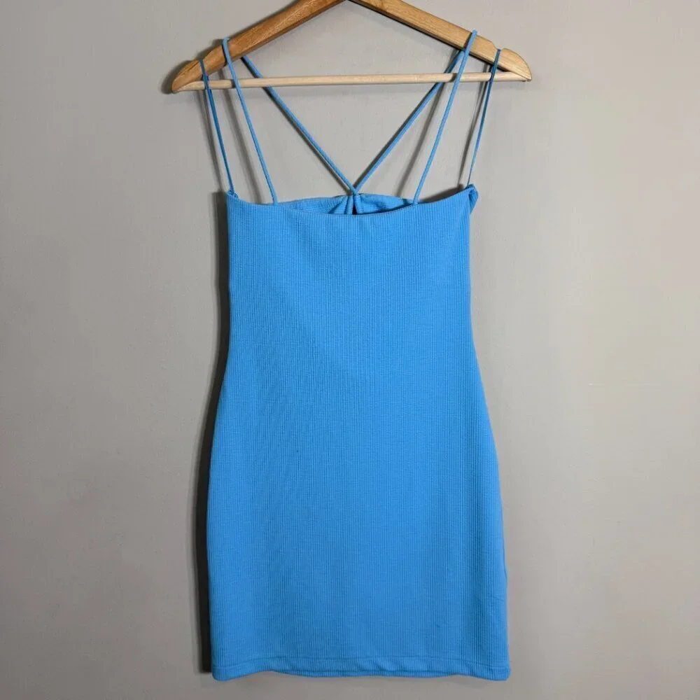 Mango Crisscross Strap Bodycon Mini Dress Women's 2 Blue Going Out Ribbed NWOT - Picture 9 of 14